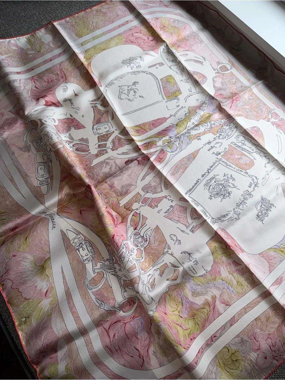 NEW Carolina Lemke Silk Pink &Cream Equestrian Celestial Rose Floral Swirl Scarf